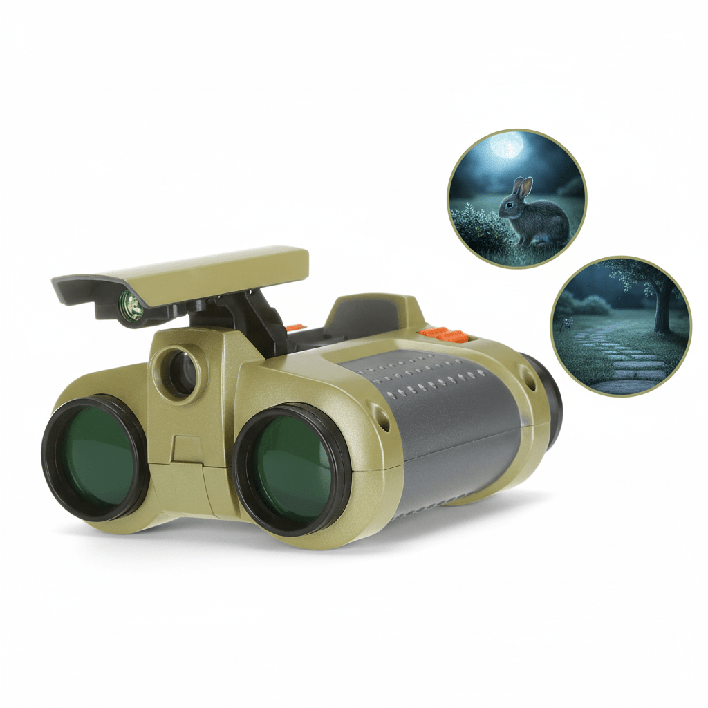 Kids night vision binoculars with adjustable eyepieces, perfect for outdoor adventures and exploration during day and night, designed for lightweight portability and fun. 0